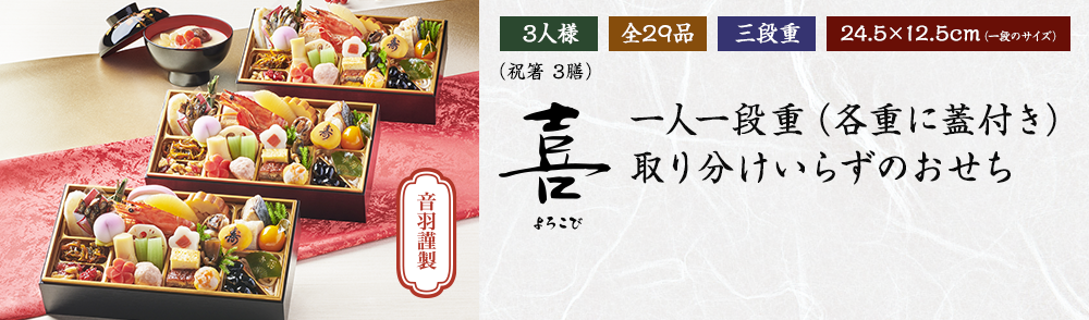 「喜」一人一段重（各重に蓋付き） 取り分けいらずのおせち